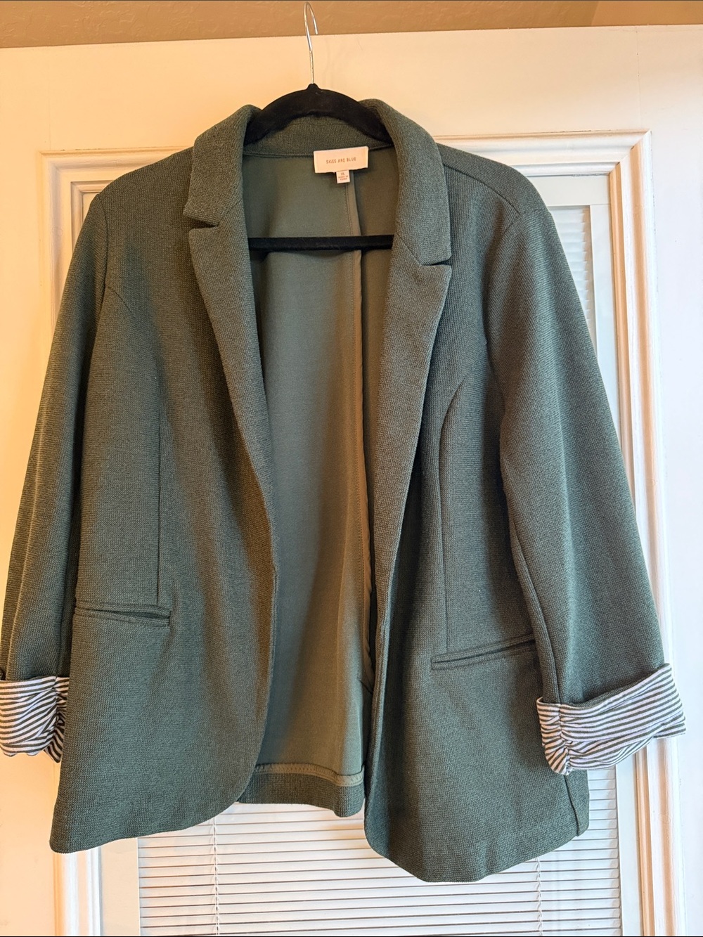 Skies are Blue Olive Green Open-Front Blazer with Striped Cuff Lining